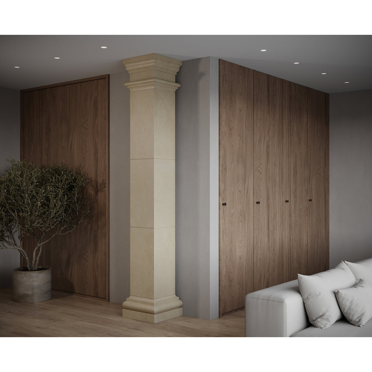 Doric Square Column shown in Latte Travertine. Main Product Slider View