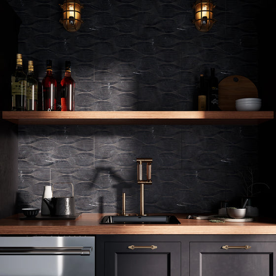 Pacific Rim Canoe Tile shown in Nero Marble