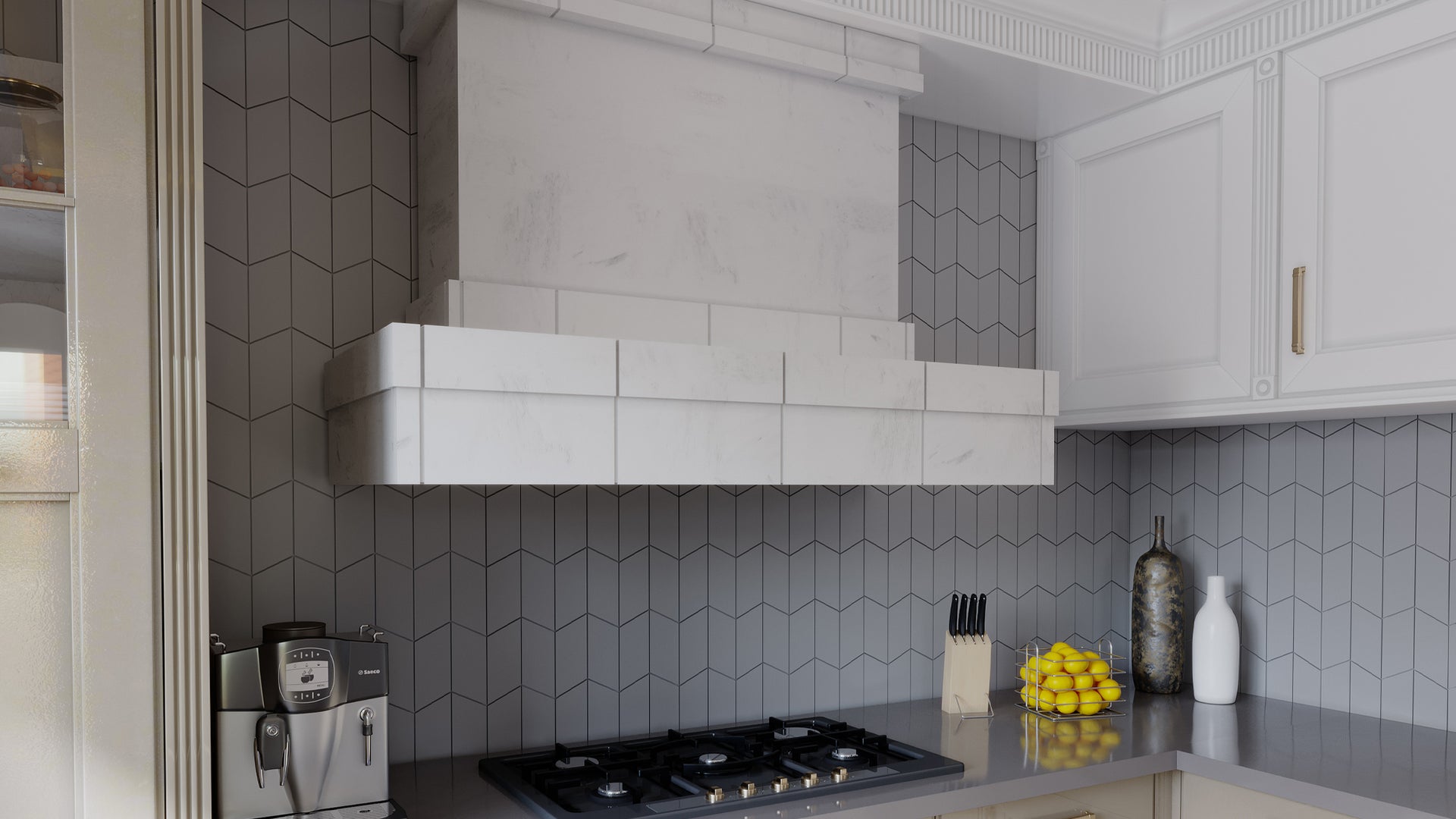 Transitional style kitchen hood in white honed Danby Marble