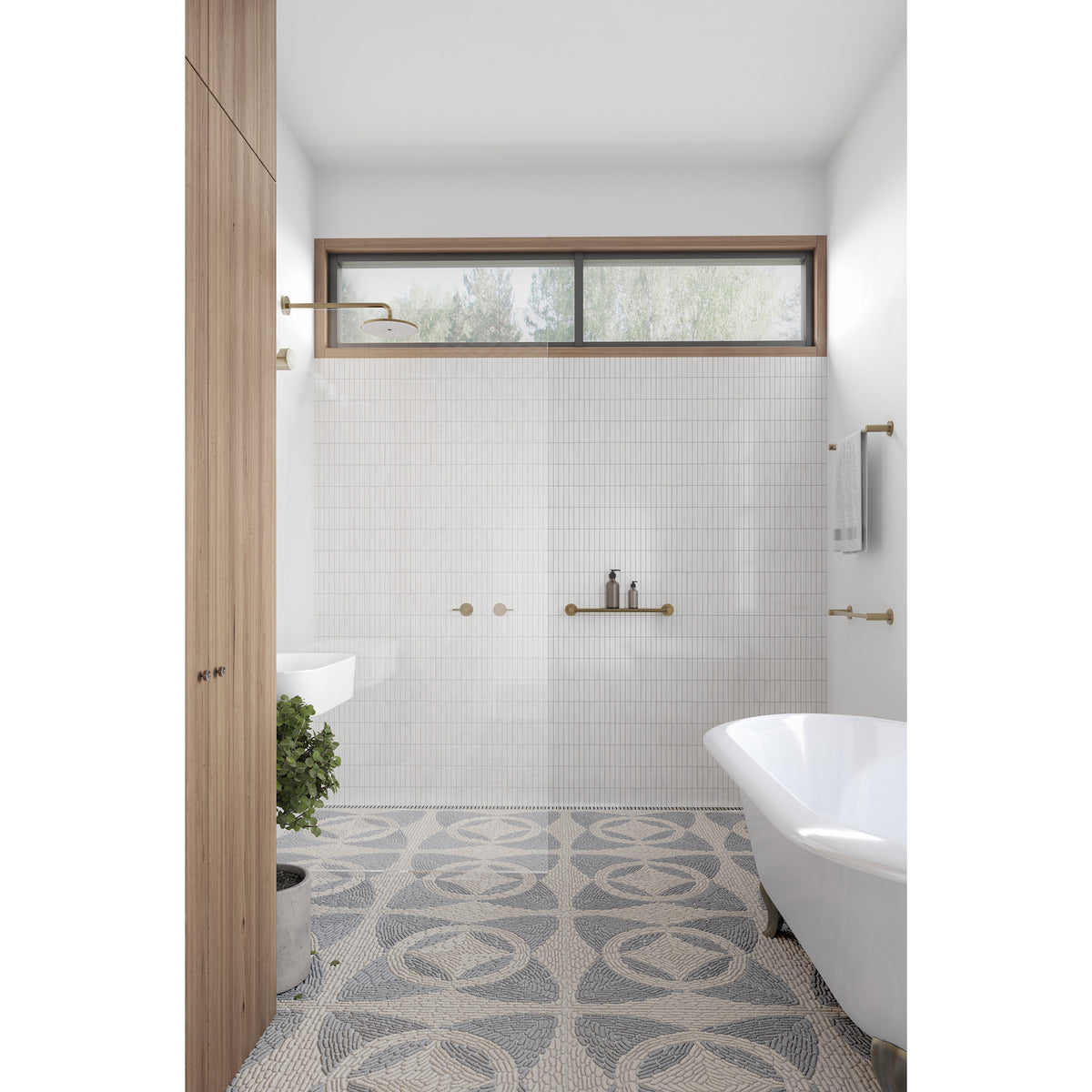 Bussola Pebble shown in Charcoal Limestone and Pearl Marble.