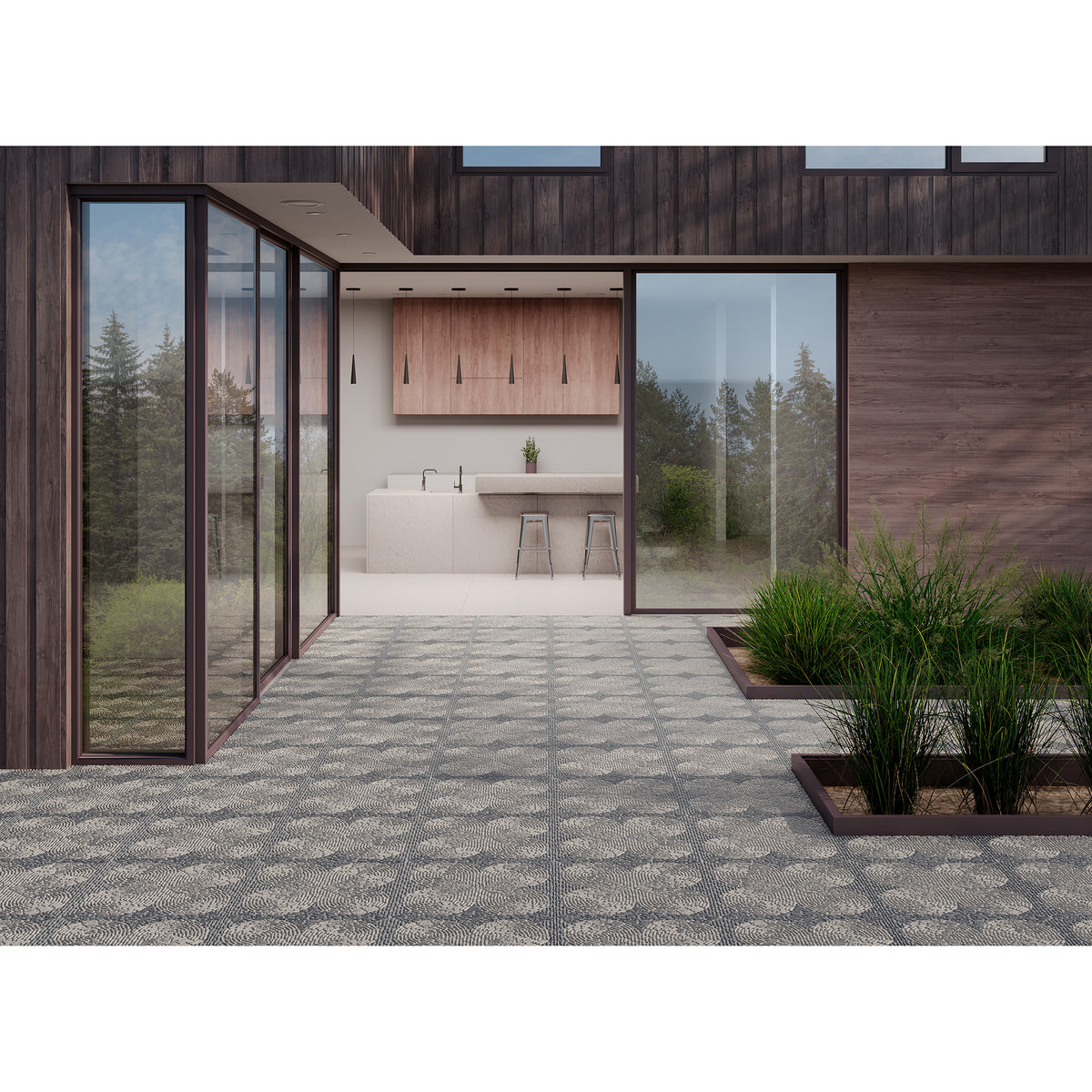 Clovers Pebble shown in Charcoal Limestone and Pearl Marble.