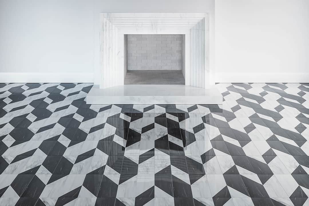 black and white floor marble tiles cut in a unique shape