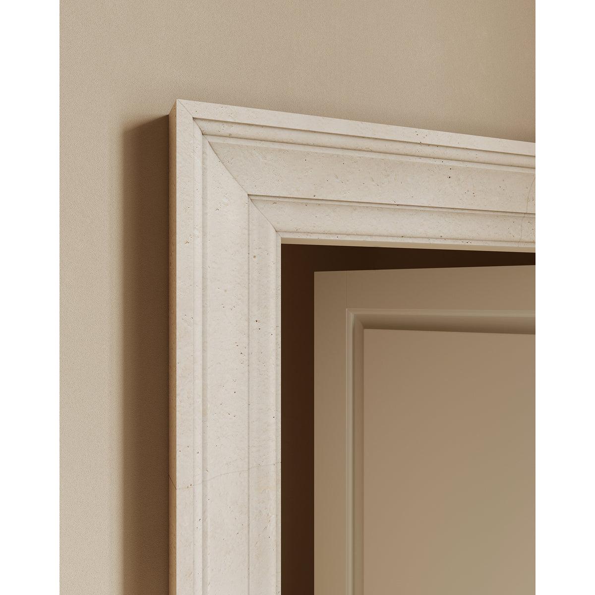 Heritage Door Surround shown in Modern Profile with Seville Travertine.