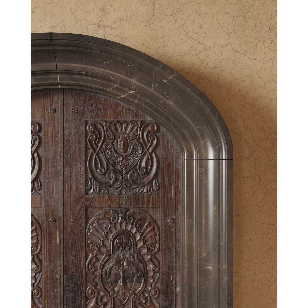 Heritage Door Surround shown in Transitional Profile with Sable Marble.
