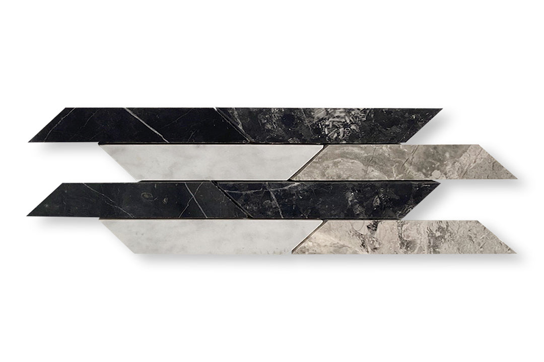 black, white, and grey marble tiles, cut into a trapezoid shape