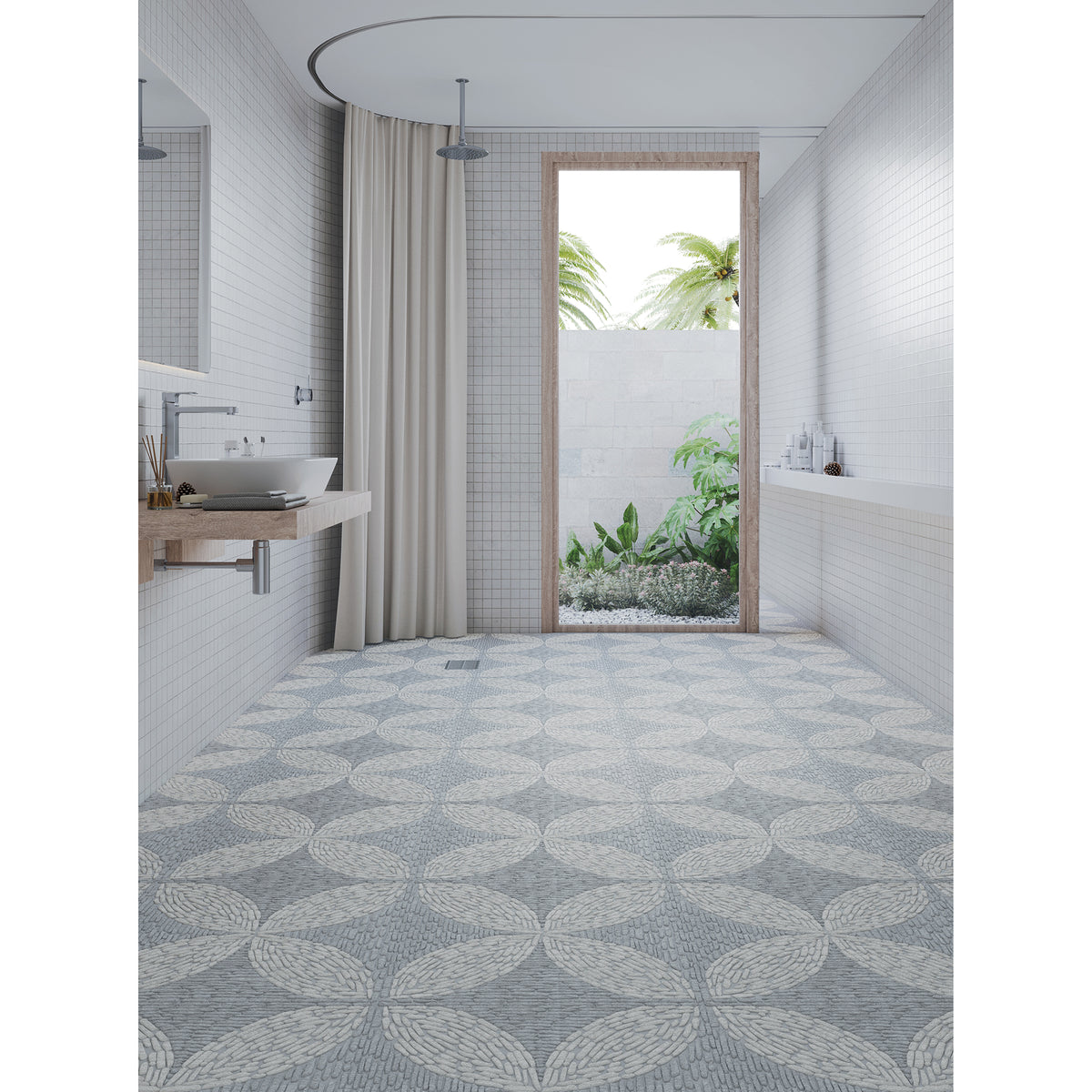 Petals Pebble shown in Pearl Marble and Charcoal Limestone.