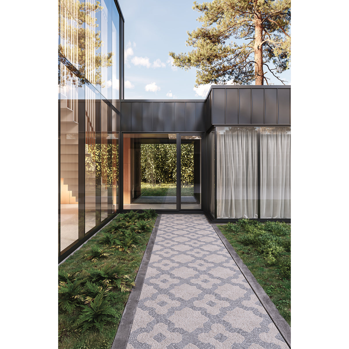 Petunias Pebble shown in Charcoal Limestone and Pearl Marble.