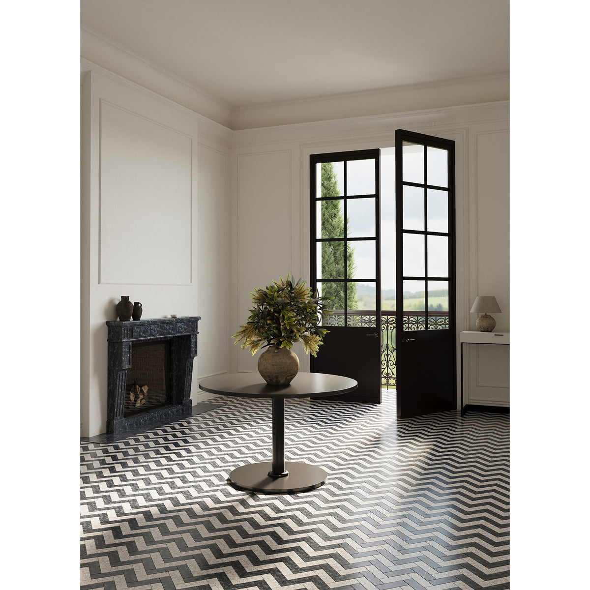 Shown in Breccia Nuvole and Breccia Nero Marble