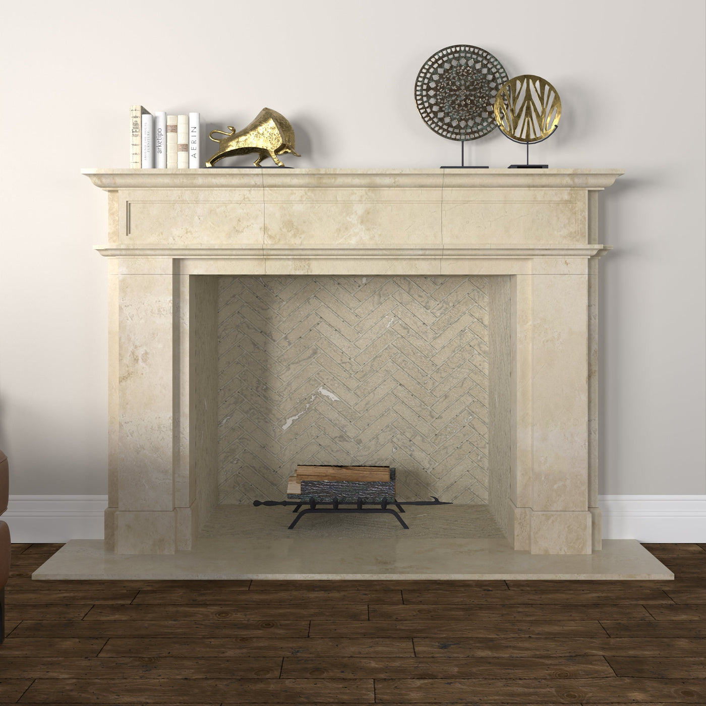 white marble fireplace in a white room with wooden flooring