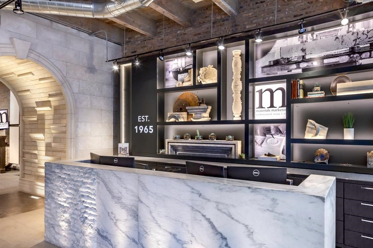 white limestone desk area