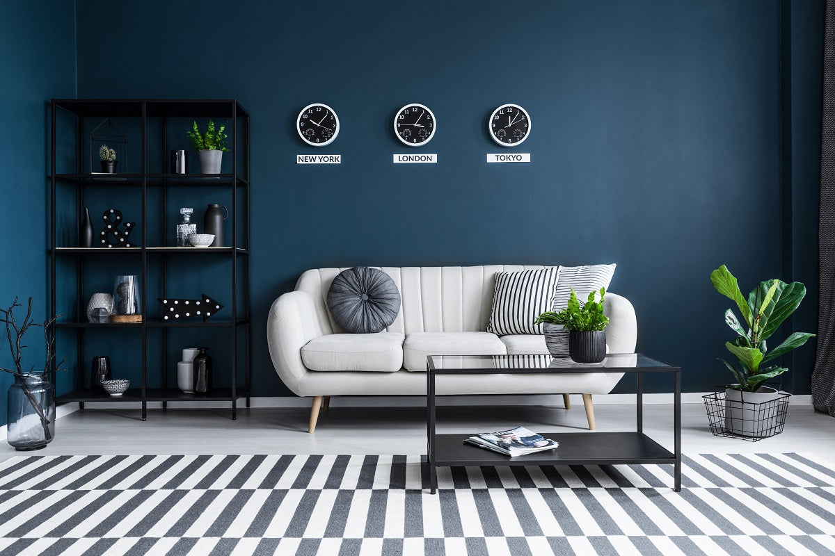 white couch on top of white and black rug, set against a blue wall. There is a black bookshelf to the left of the couch.