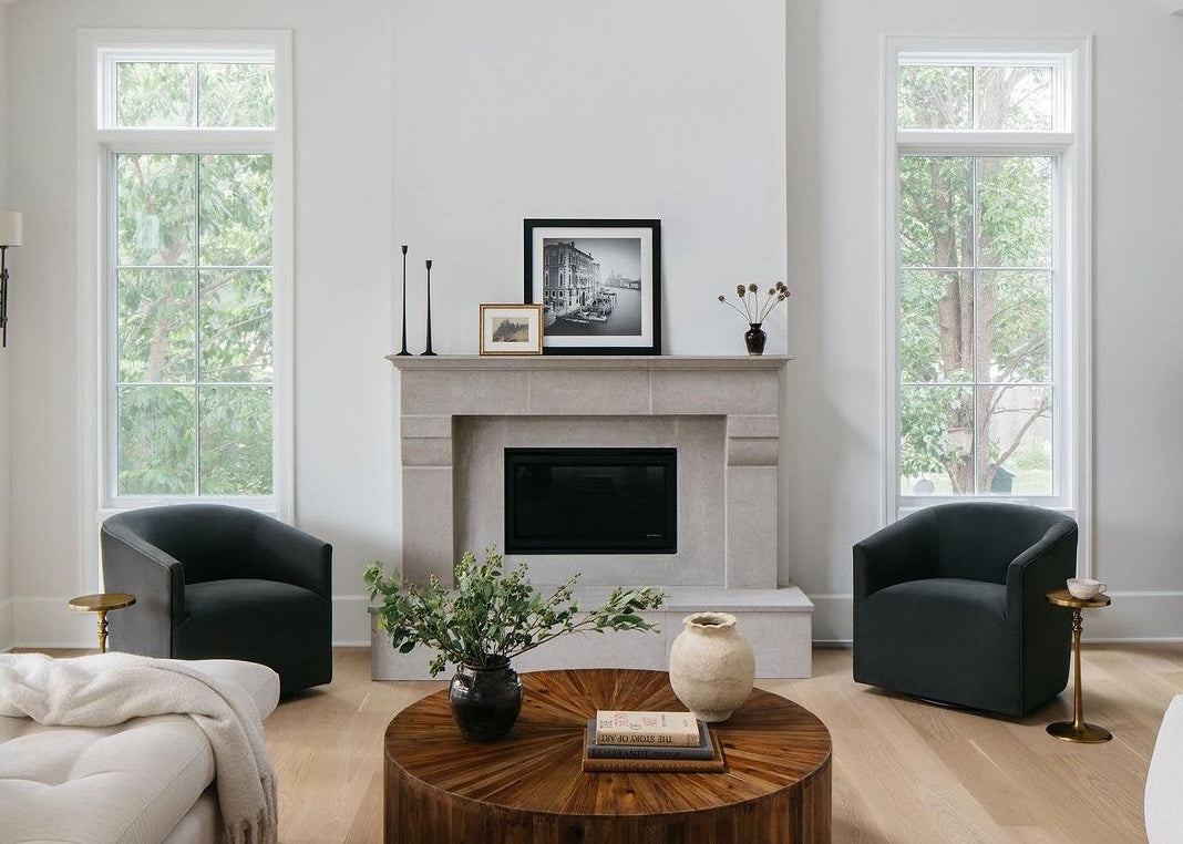 fireplace in a white walled living room