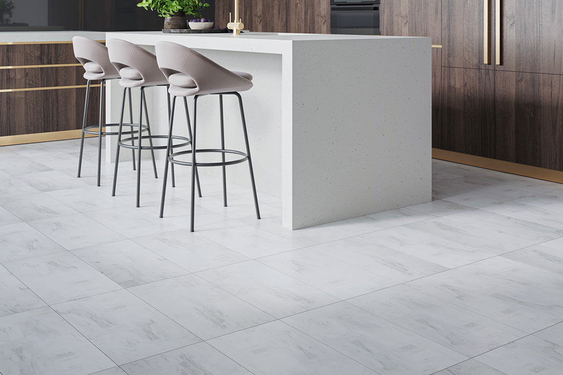 three chairs on a kitchen island with white marbled flooring