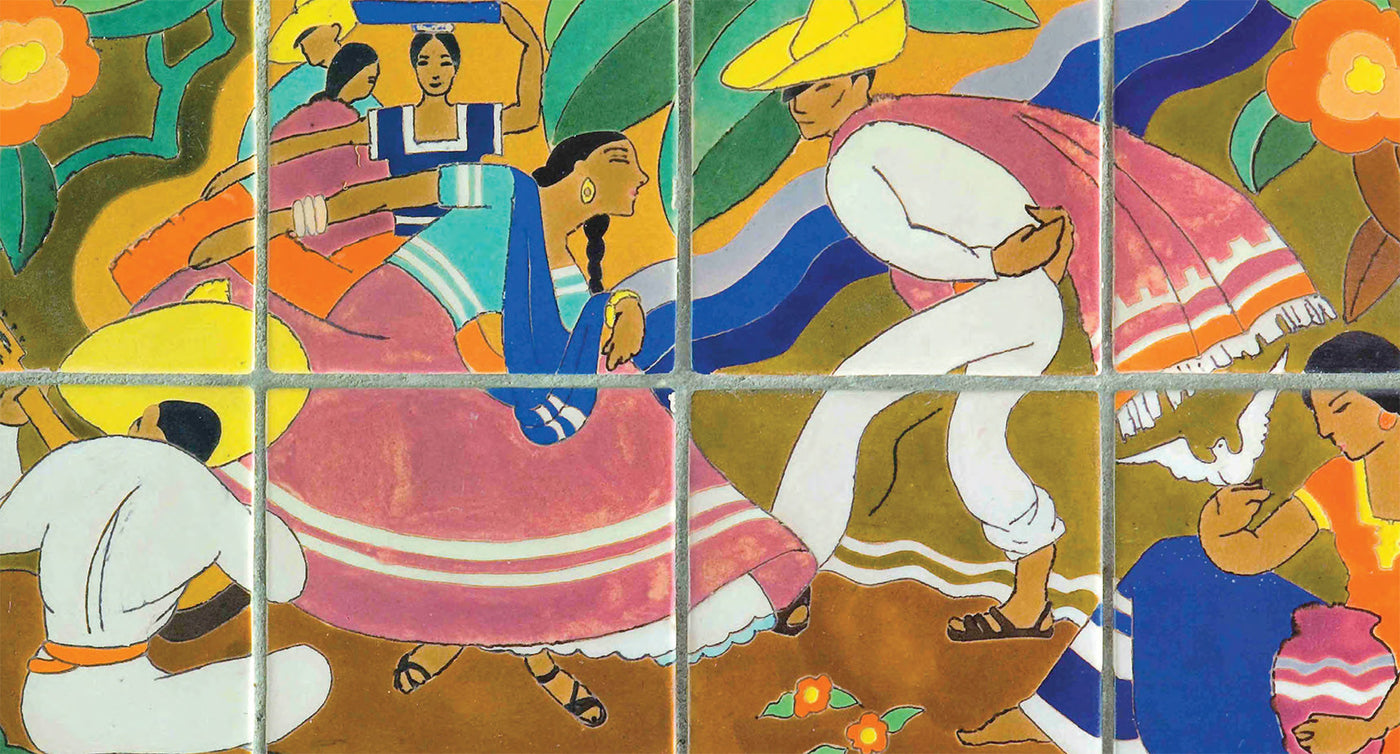 Lively scene of a man and a woman dancing created out of multiple hand painted square tiles.