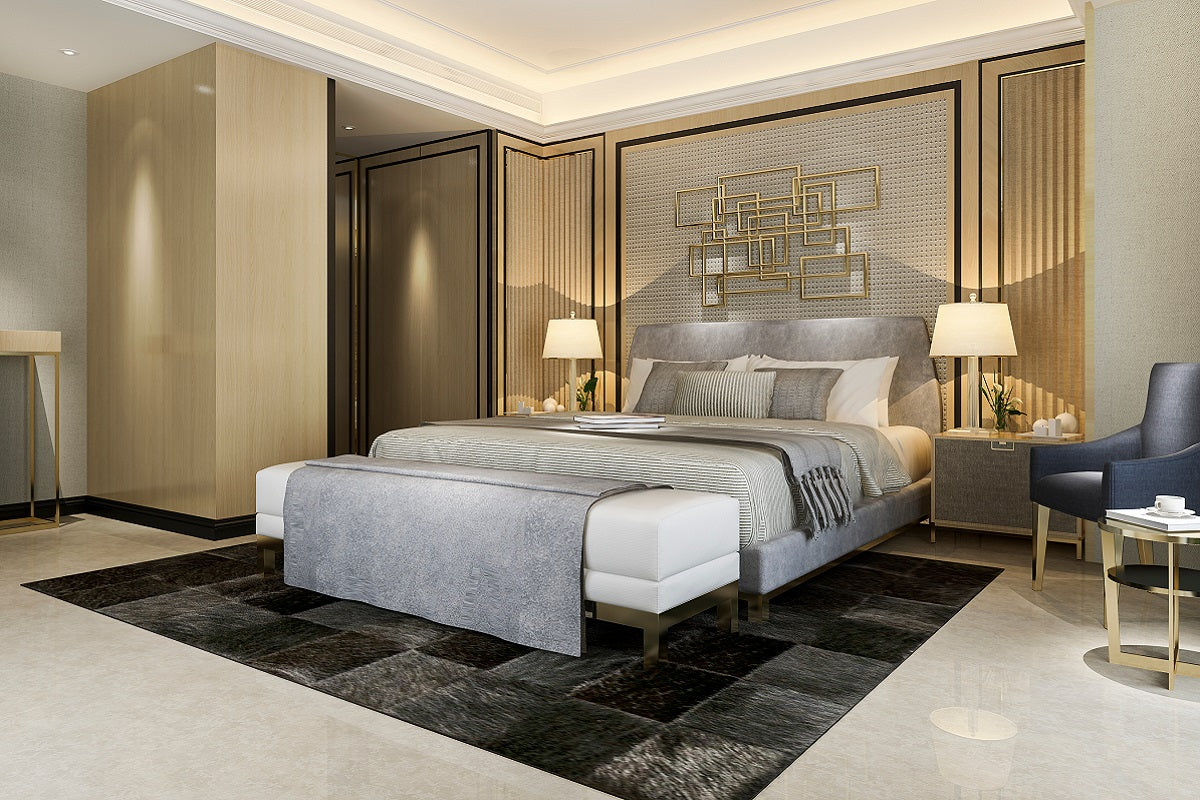 fancy bed on black marble tile flooring
