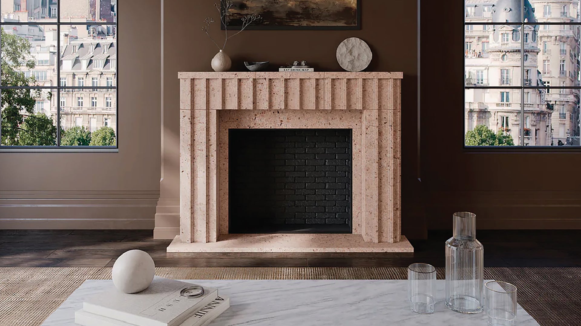 The Costine Fireplace in Date Adoquin by designer Denise McGaha