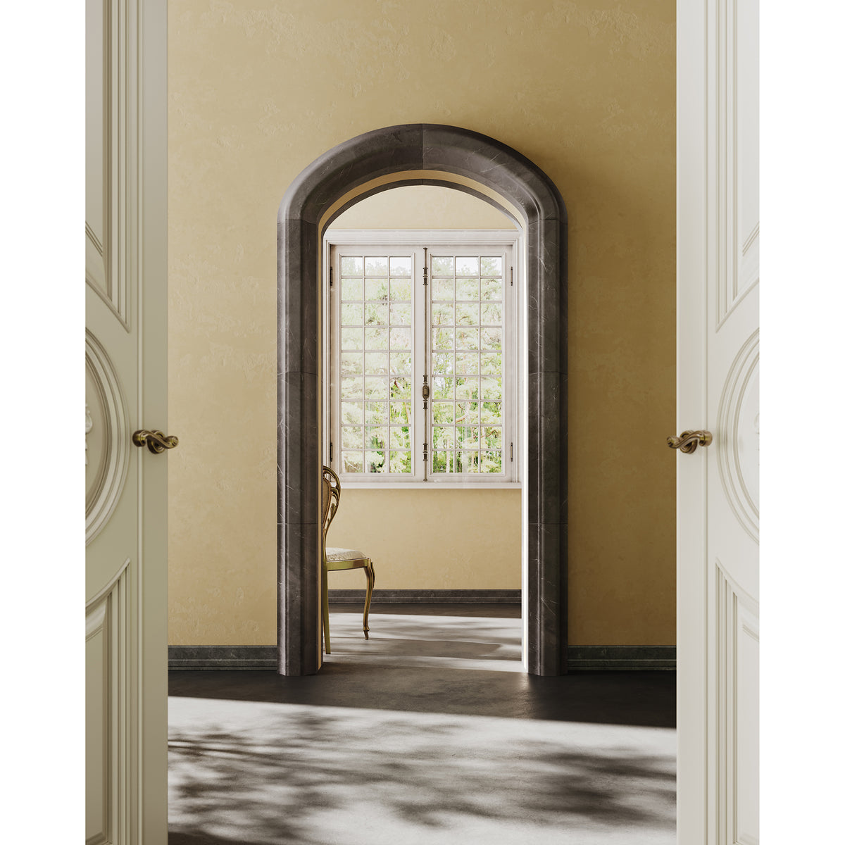 Mediterranean Door Surround shown in Transitional Profile with Sable Marble.