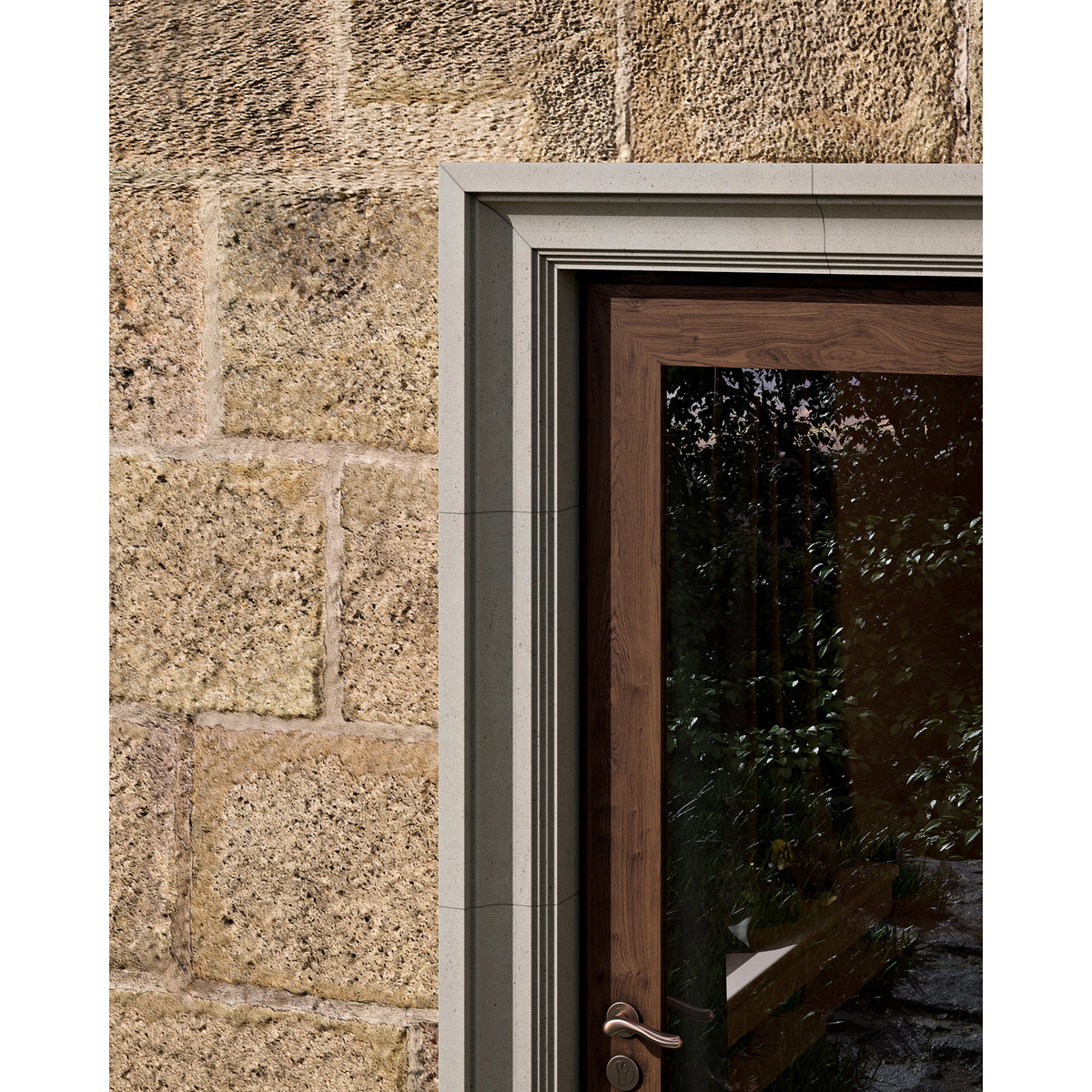 Provence Door Surround shown in Modern Profile with Pewter Limestone.