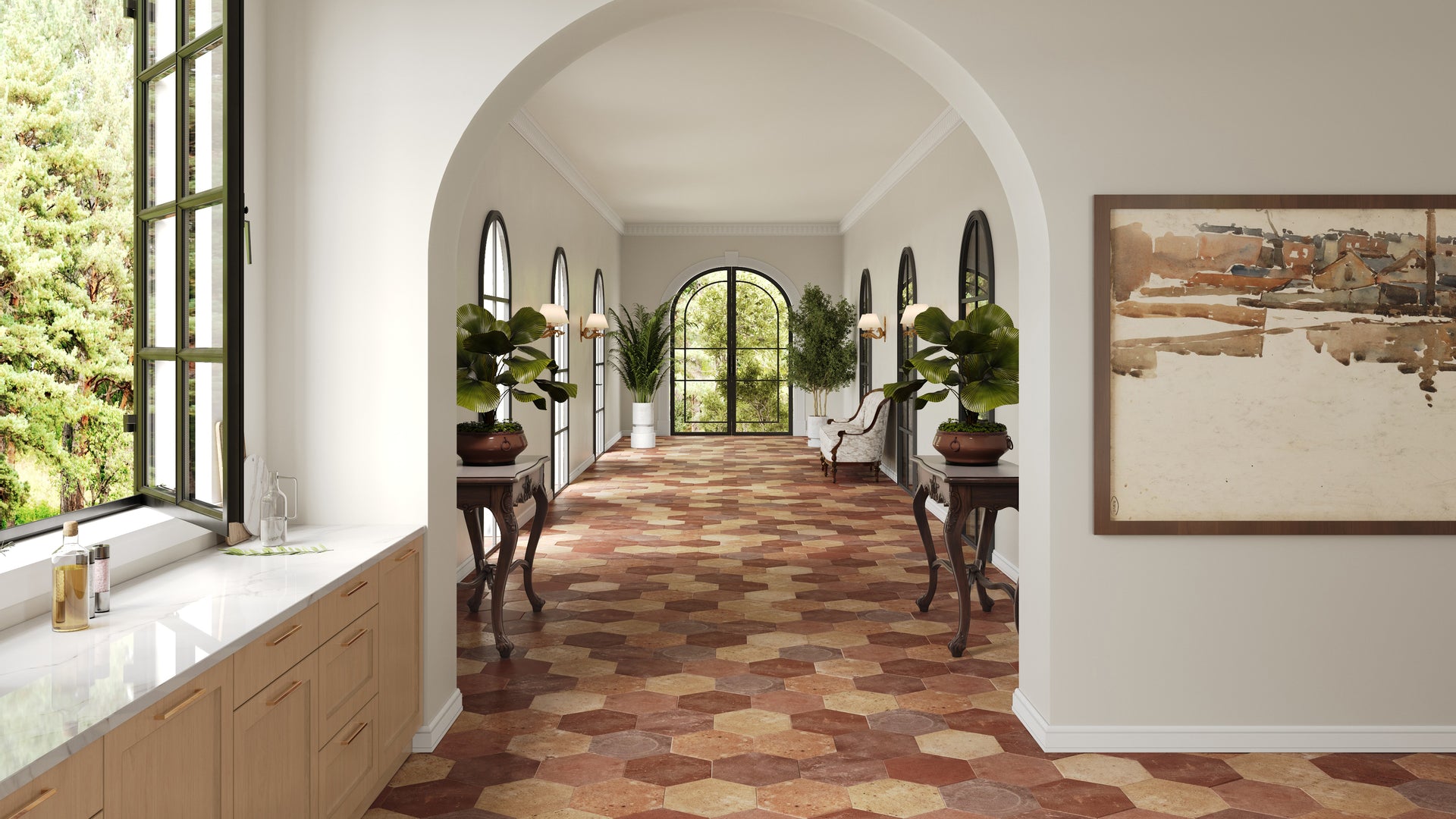 Reclaimed Terracotta Hexagon Shown in Varying Sizes