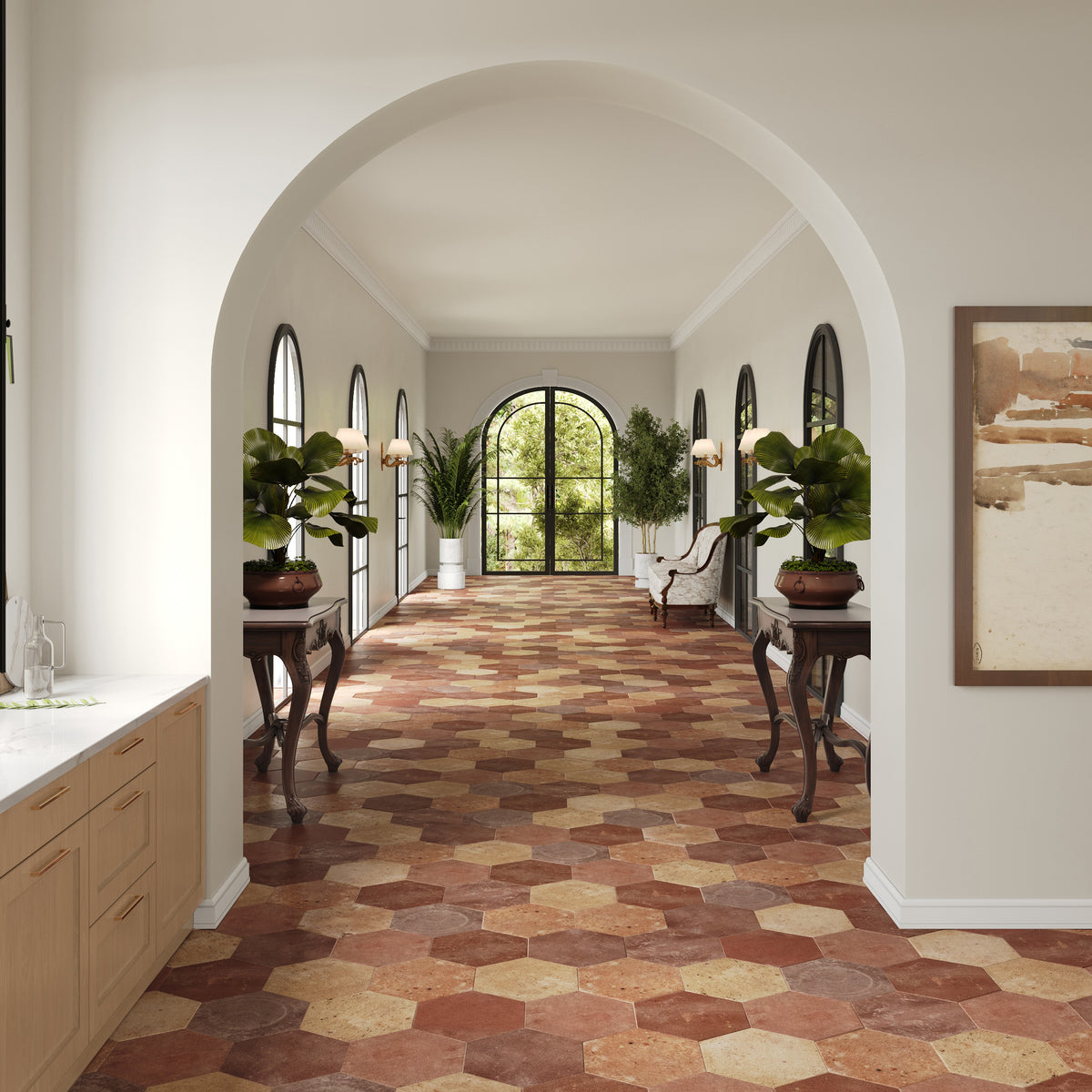 Reclaimed Terracotta Hexagon Shown in Varying Sizes