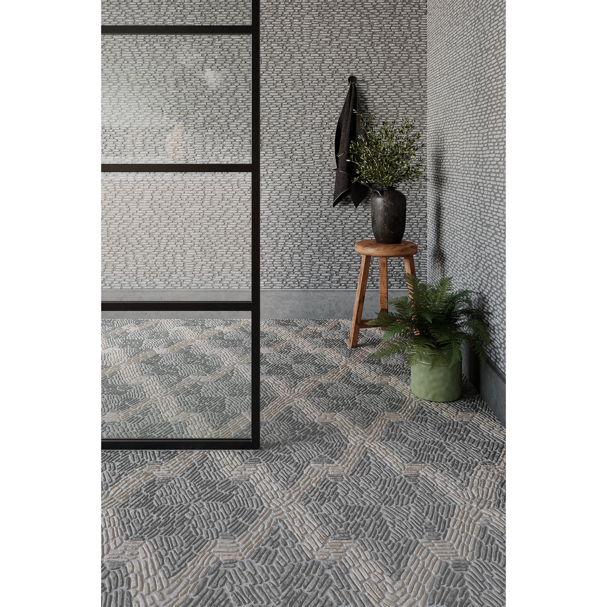 Argyle Pebble Mosaic shown in Charcoal Limestone and Pearl Marble.