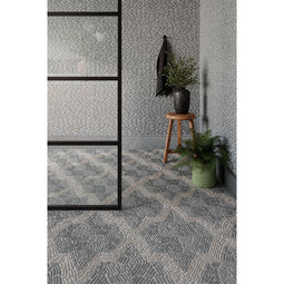 Argyle Pebble Mosaic shown in Charcoal Limestone and Pearl Marble.