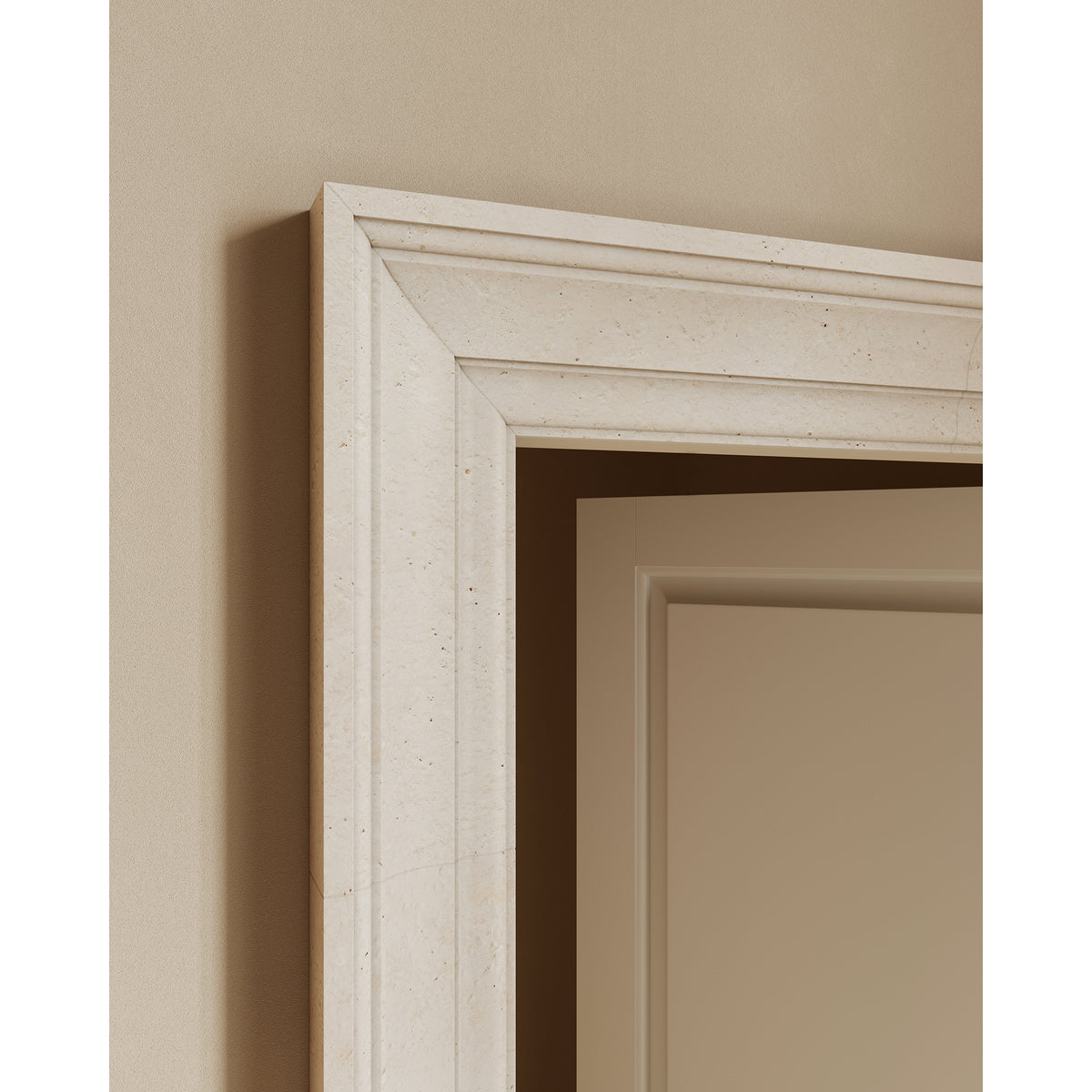 Heritage Door Surround shown in Modern Profile with Seville Travertine. Main Product Slider View