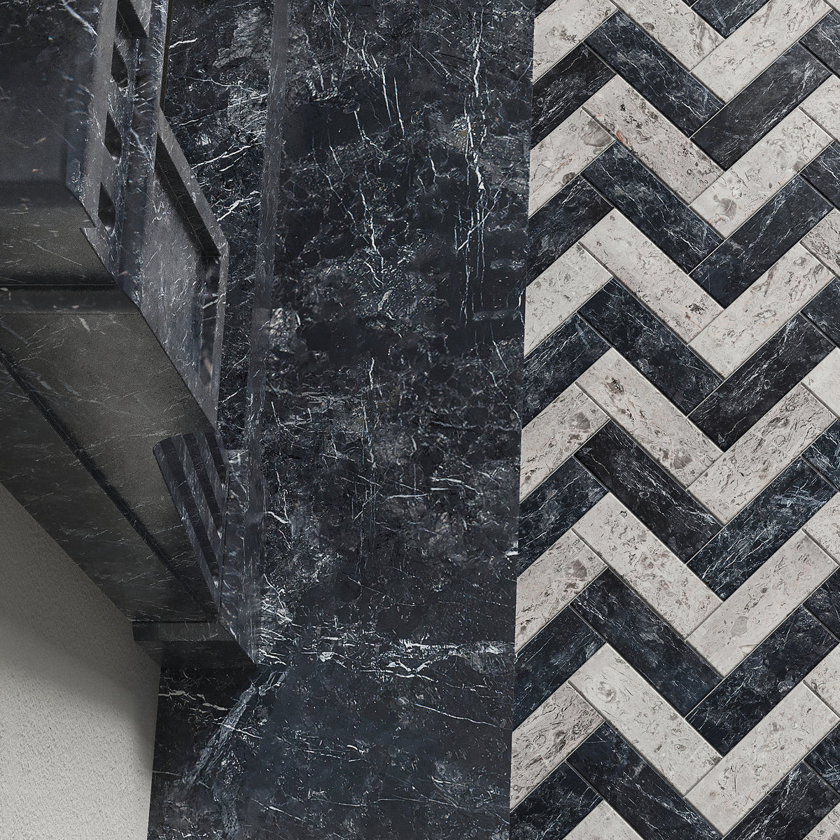 Shown in Breccia Nuvole and Breccia Nero Marble