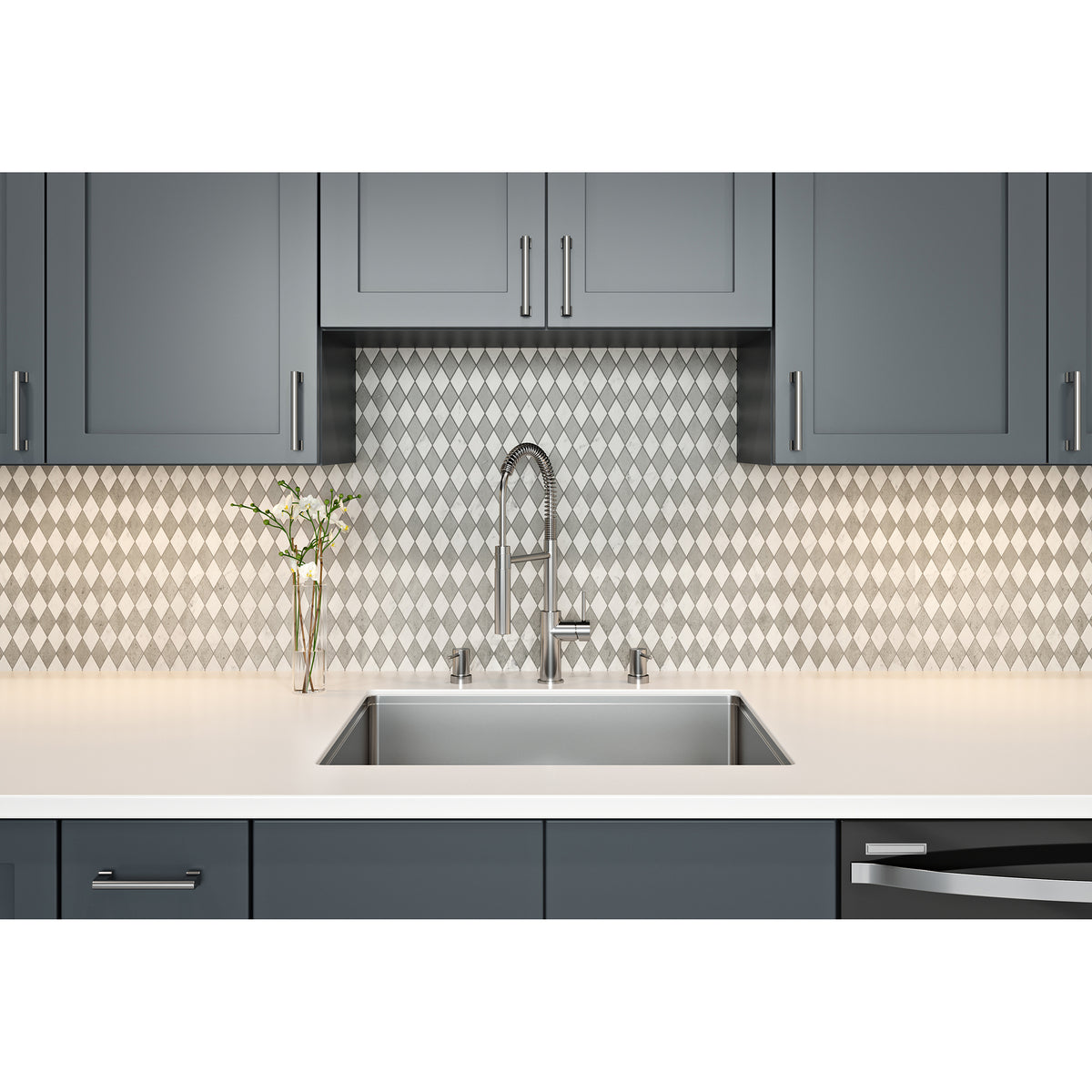 Shown in Charcoal Limestone and Carrara Marble
